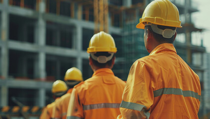 Group of construction workers wearing orange safety jackets and yellow hard hats, standing in front of an industrial building under construction. manager leading a team of construction professionals