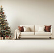 © chali - A white, modern living room with a beige sofa and a Christmas tree decorated