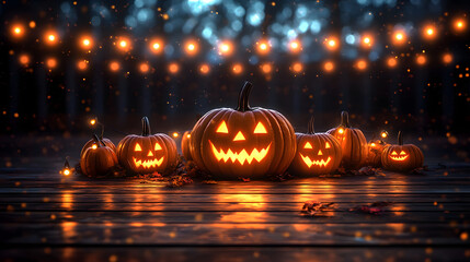 Wall Mural - A group of Jack-o'-lantern pumpkins sits atop a wooden floor with a string of lights nearby