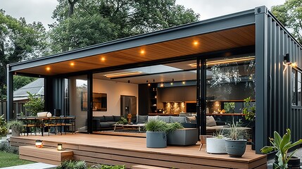 A shipping container home extension attached directly to an existing modern suburban house. positioned seamlessly against the side of the main building, clearly integrating as additional living space.