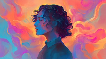 Wall Mural - A profile of a person with curly hair against a vibrant, colorful abstract background.