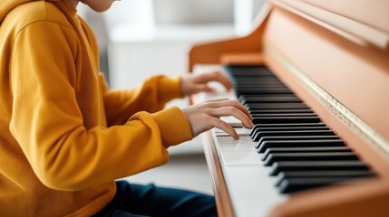 Wall Mural - Close-up of a person in a yellow sweatshirt playing the piano, with focus on their hands and the piano keys.