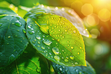 Wall Mural - Beautiful large drop morning dew in nature, selective focus. Drops of clean transparent water on leaves. Sun glare in drop