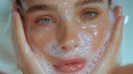 Poster - A young woman washing her face with a gentle foaming cleanser, water droplets and bubbles, refreshing and clean visual, bathroom setting.