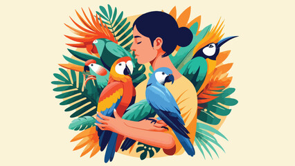 a person cradling a selection of exotic birds, including paradise bird, cockatoo, and starling