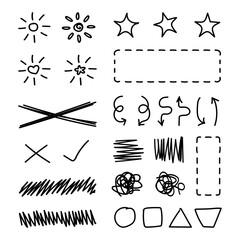 Poster - Set of black hand drawn shapes and doodles, frames, arrows and blinks. Vector illustration, design element group.
