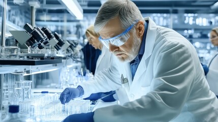 Wall Mural - Scientist in laboratory wearing protective eyewear and gloves conducting research with microscopes and glassware enhancing laboratory research and analysis accuracy in a high-tech environment