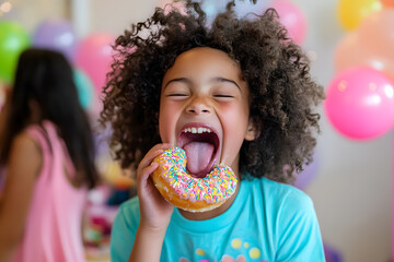 Sticker - Kid excitedly eating donut at birthday party