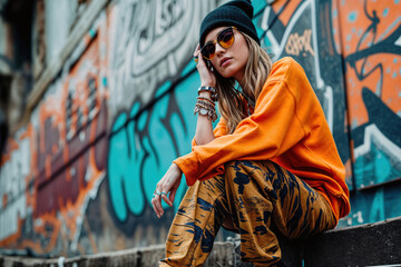 stylish young woman in vibrant orange sweatshirt and patterned pants poses confidently against urban