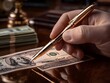 © Alice - A hand holding a gold pen, poised to write on a US hundred dollar bill, suggesting themes of finance, wealth, signing contracts, or making deals.