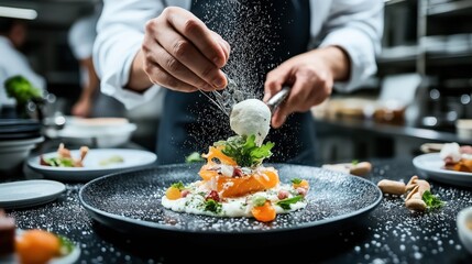 Poster - Chef garnishing a gourmet dish with seasoning in a professional kitchen setting, highlighting culinary artistry and fine dining presentation techniques.