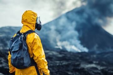 Scientist in yellow protective clothing standing against active volcano, collecting lava samples. View from the back. Copy space. Concept: volcano field research, Science Day