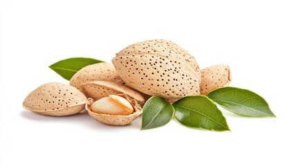Aufkleber - Almonds with shells and green leaves isolated on a white background