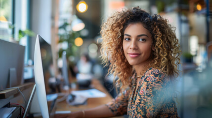 Poster - A woman with curly hair is sitting at a desk in front of a computer