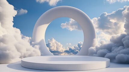 Poster - 3D rendering of a podium with a minimal cloud scene featuring a geometric shape for product display