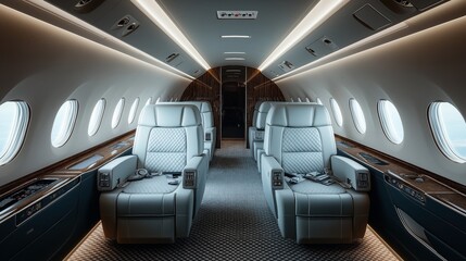 Sticker - Luxurious interior of private jet with plush leather seats and modern ambient lighting, showcasing comfort and sophistication in air travel.