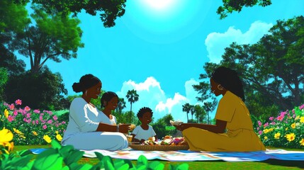 Wall Mural - A joyful picnic scene with a family enjoying food on a sunny day in a vibrant park.