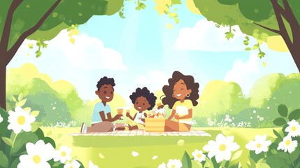 Canvas Print - A family enjoys a picnic under trees in a sunny, flower-filled park.