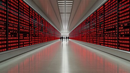 Poster - red alarm lights flashing on a digital stock board showing a market crash, with traders running away
