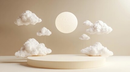 Aufkleber - 3D rendered podium featuring a slumbering moon and suspended paper clouds