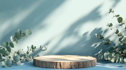 Aufkleber - Abstract empty wooden slice podium featuring eucalyptus leaves and shadows on a blue background Mockup display for product presentation 3D render Minimalist concept Advertising template