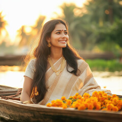 Sticker - A woman in a white sari is sitting in a boat with flowers