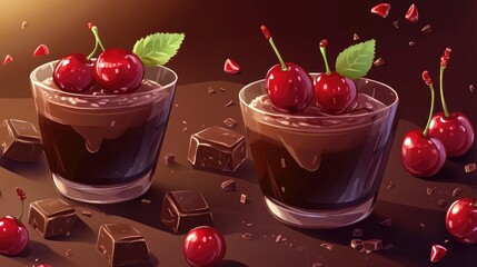 Poster - Chocolate cups filled with cherry liqueur and adorned with fresh cherries accompanied by chocolate pieces
