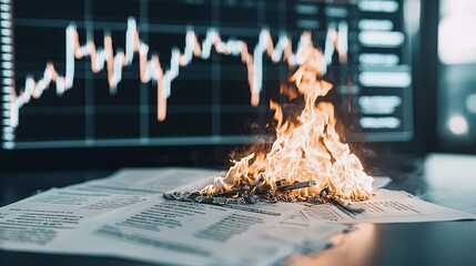 Poster - close-up of a financial portfolio burning, with smoke rising and falling stock charts in the backgro