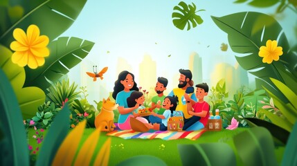 Sticker - A joyful family picnic in a vibrant park surrounded by nature and cityscape.