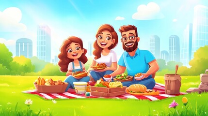 Canvas Print - A family enjoys a picnic on a sunny day in a park, surrounded by food and greenery.