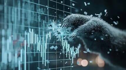 Poster - A close-up of a bear's claws ripping through a stock market chart with fragments flying into the air.