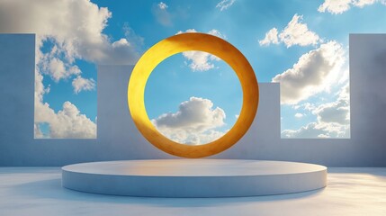Aufkleber - 3D rendering of an abstract blue background featuring white clouds and a yellow circular opening Geometric display scene with a blank podium stage designed for product showcasing