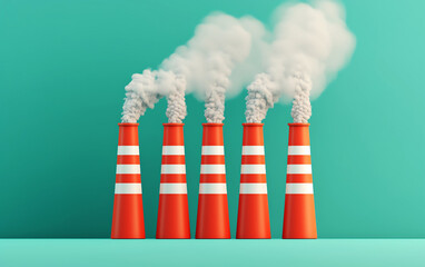 Five industrial chimneys emitting smoke against a vibrant turquoise backdrop, highlighting environmental pollution concerns.