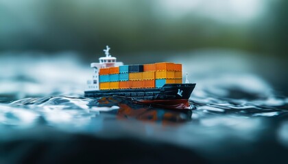 A miniature cargo ship with colorful containers sailing on calm water.