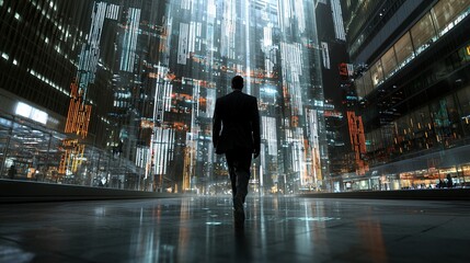 Poster - Person walking through an abandoned financial district, with broken stock market graphs towering overhead.