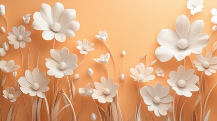 Poster - 3D wallpaper featuring white flowers against a soft orange backdrop