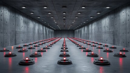 Poster - glowing red warning signals on the floor of a dark stock exchange, abandoned by traders.