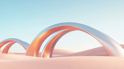 Aufkleber - Abstract sandy dune cliffs featuring metallic arches set against a clear blue sky Surreal minimalist desert landscape background Scene of the desert showcasing sleek metallic arches with geometric