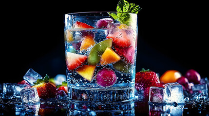 Wall Mural - A close-up of a glass filled with water, adorned with sliced fruit and chilling ice cubes on the side