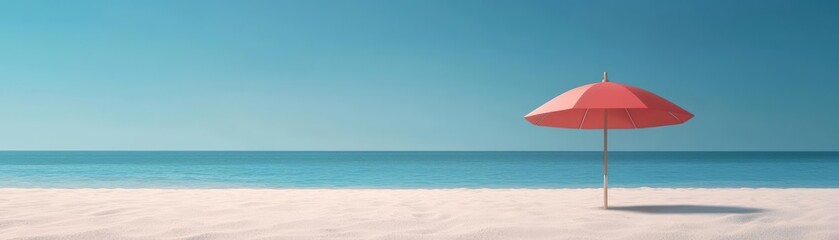 A serene beach scene featuring a red umbrella on pristine white sand under a clear blue sky.