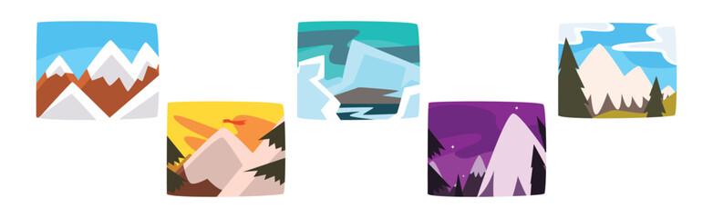 Poster - Beautiful Snowy Mountains Landscape Natural Scene Vector Set