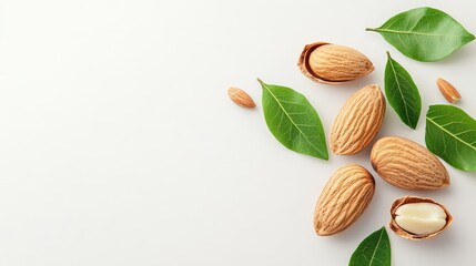 Aufkleber - Almonds with shells and green leaves isolated on a white background