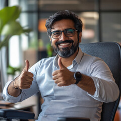 Poster - A man wearing glasses and a white shirt is giving a thumbs up