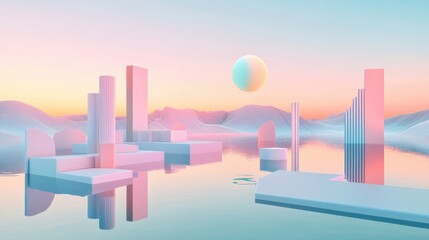 Aufkleber - 3D render of an abstract surreal pastel landscape featuring architectural elements and geometric shapes complemented by a serene lake and a softly gradient sky embodying a minimalistic concept