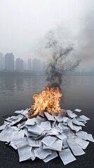 Poster - A burning stock ticker tape, financial documents scattered in the wind, city skyline on fire.