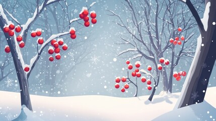 Poster - A peaceful winter scene featuring snow laden trees adorned with vibrant red berries amidst gentle calming snowfall