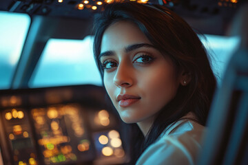 A woman is sitting in the cockpit of an airplane