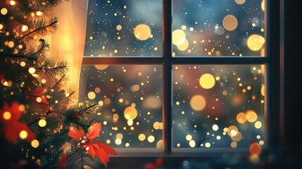 Aufkleber - Christmas window decor featuring a bokeh background and a vintage filter effect