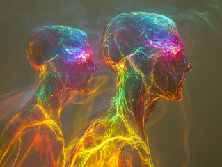  two human Spirit with glowing eyes, surrounded by smoke. They are wearing gold, and their eyes are lit up with a blue glow.