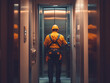 © ivlianna - Elevator technician inspecting and repairing elevators, detail-oriented and precise.A man wearing a hard hat is currently standing inside an elevator